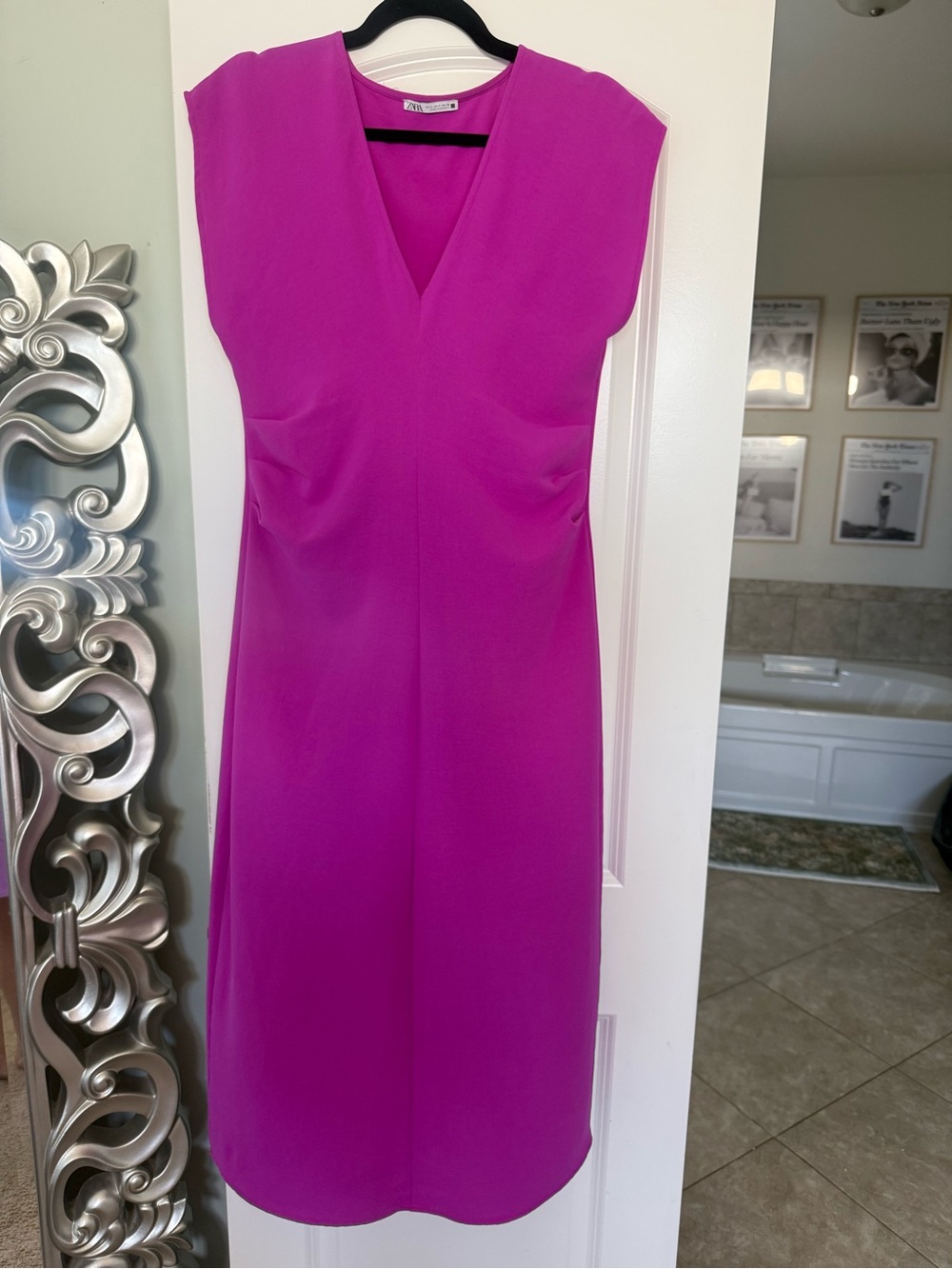 Zara Fuchsia V-Neck Midi Sheath Dress